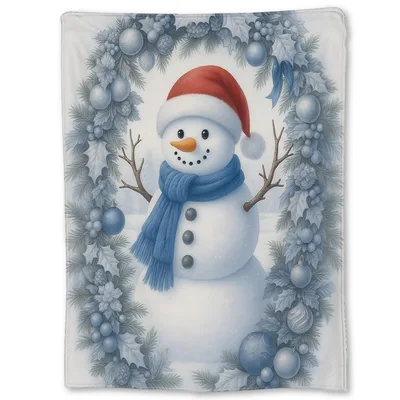 Snowman in Santa Hat Blanket: Festive Winter Snowman with Blue Wreath