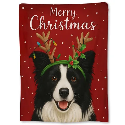 Merry Christmas Border Collie Blanket with Reindeer Antlers and Lights