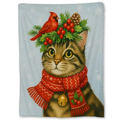 Christmas Cat with Cardinal Blanket: Festive Tabby with Holly and Bird