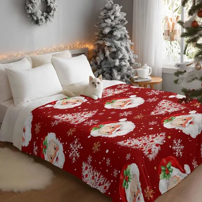 Santa Claus Red Pattern Blanket: Festive Santa Faces and Snowflakes