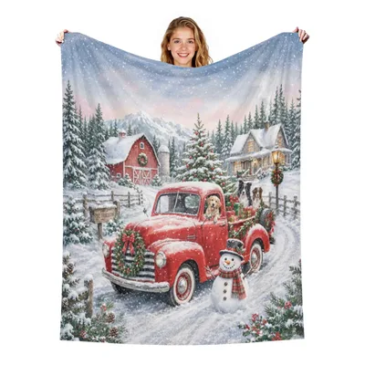 Red Truck Christmas Snowman Blanket: Vintage Holiday Scene with Dogs