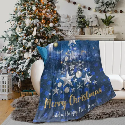 Merry Christmas Star Tree Blanket: Festive Design with Gold Script
