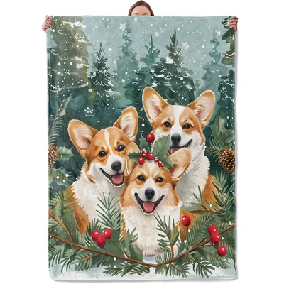 Christmas Corgi Forest Scene Blanket: Festive Canine Winter Art