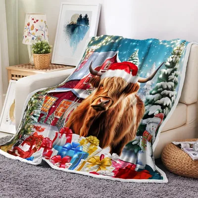 Highland Cow Christmas Scene Blanket: Festive Shaggy Cow