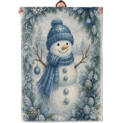 Snowman in Blue Scarf Blanket: Cozy Winter Art with Pine Cones