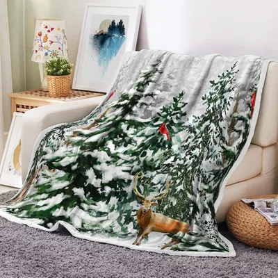 Snowy Forest Cardinal Deer Blanket featuring a winter stag