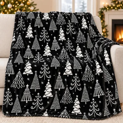 Black and White Christmas Trees Blanket: Doodle Holiday Design