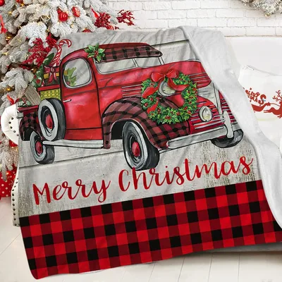 Merry Christmas Red Truck Blanket: Rustic Holiday Design with Plaid