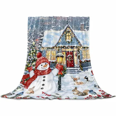 Snowman Winter Cottage Scene Blanket