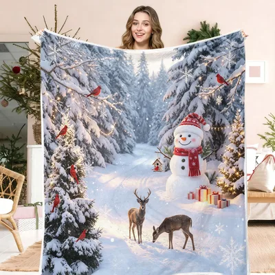 Winter Forest Snowman and Deer Blanket features a snowy path