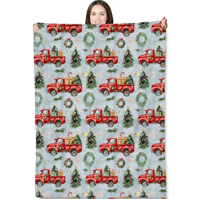 Red Christmas Truck Trees Blanket: Vintage Holiday Pickups and Wreaths