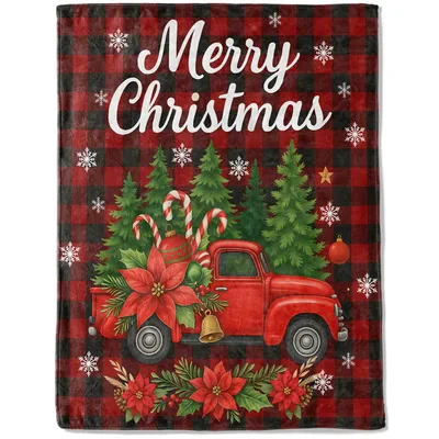 Merry Christmas Red Truck Scene Blanket with Vintage Holiday Artwork