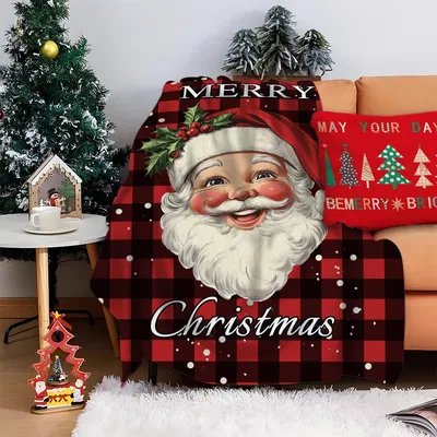 Santa Claus Merry Christmas Blanket with Vintage Plaid Design