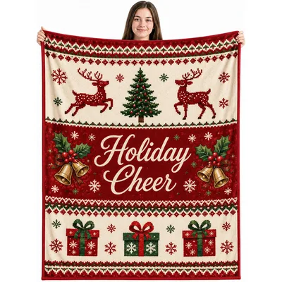 Holiday Cheer Christmas Pattern Blanket with Reindeer and Bells
