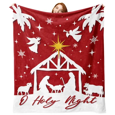 O Holy Night Nativity Blanket: Red Flannel Scene with Angels and Star