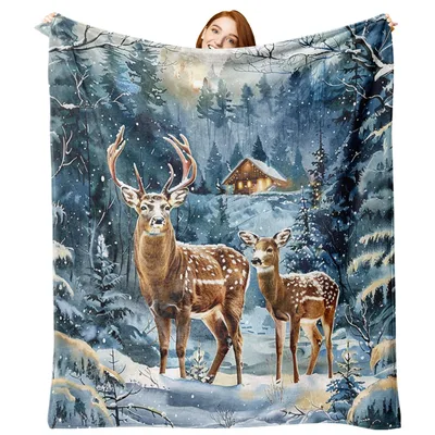 Winter Reindeer Snowy Forest Blanket: Cozy Cabin Scene
