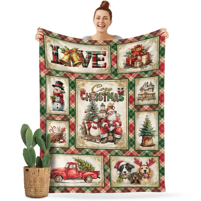 Christmas Santa Snowman Trees Blanket featuring a vintage collage