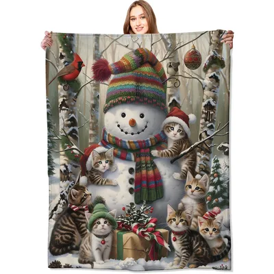 Snowman and Cats Winter Blanket: Festive Snow Day with Kitten Friends