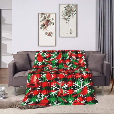 Red Christmas Trees and Snowflakes Blanket: Cardinal Bird Plaid Design