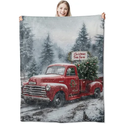 Red Truck with Christmas Blanket: Vintage Holiday Scene