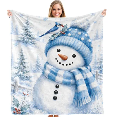 Blue Hat Snowman Winter Blanket: Festive Bluebird and Snowy Scene