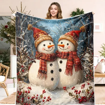Two Snowmen Winter Christmas Blanket featuring two cheerful figures