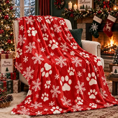 Red Paw Print Snowflake Blanket for Pet Lovers and Holiday Enthusiasts