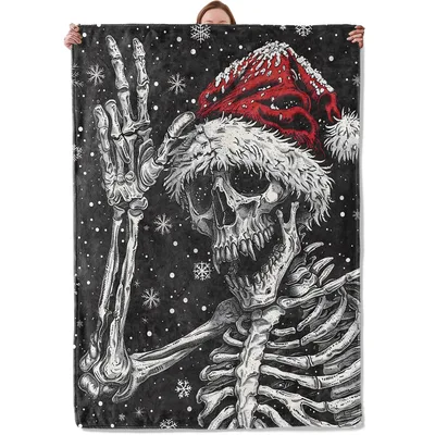Skeleton Wearing Santa Hat Blanket for Gothic Holiday Lovers