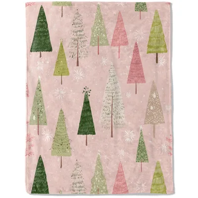 Hand Drawn Christmas Trees Blanket: Pink Forest Pattern