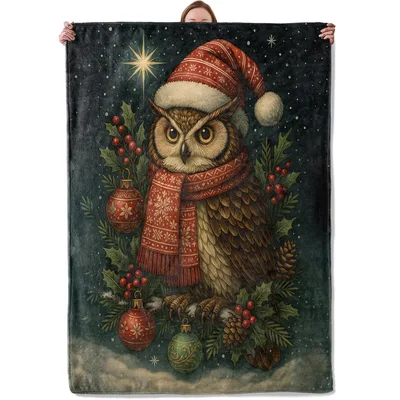 Christmas Owl in Red Blanket: Festive Owl with Holiday Hat