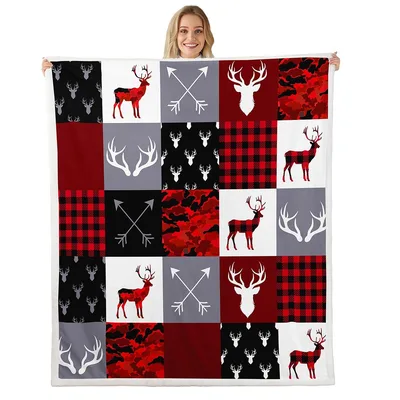 Deer Antlers and Arrows Blanket: Red Camo Patchwork Design