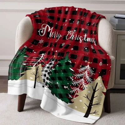 Merry Christmas Plaid Trees Blanket featuring red buffalo check