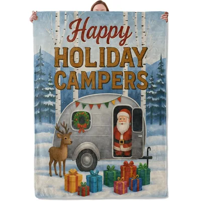 Happy Holiday Campers Santa Blanket featuring a festive silver camper