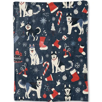 Huskies with Christmas Stockings Blanket