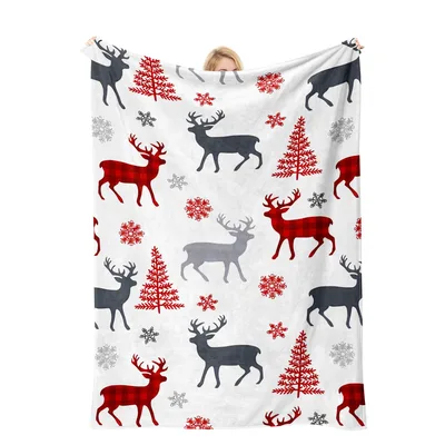 Reindeer and Christmas Trees Blanket: Festive Pattern with Plaid Deer