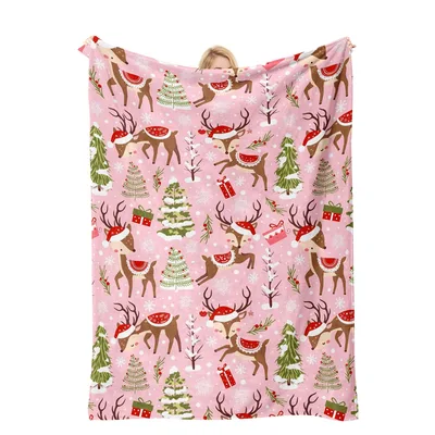 Pink Reindeer Christmas Tree Blanket: Festive Deer and Snowy Trees