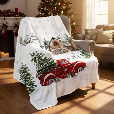 Vintage Red Truck Blanket: Festive Farm Scene with Christmas Tree