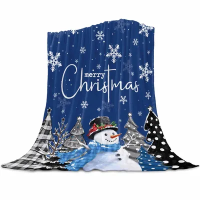 Merry Christmas Snowman Scene Blanket with Plaid Trees and Snowflakes