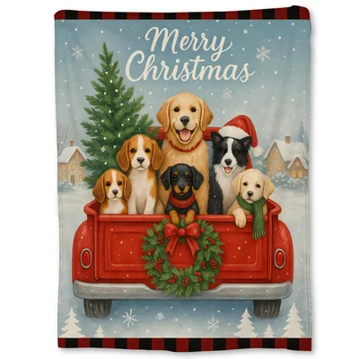 Merry Christmas Dogs Blanket: Festive Puppies in a Red Truck