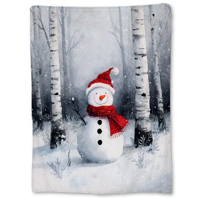 Snowman in Birch Forest Blanket: Cozy Winter Art for Your Home