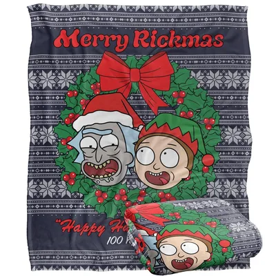 Merry Christmas Wreath Sweater Blanket featuring Merry Rickmas text