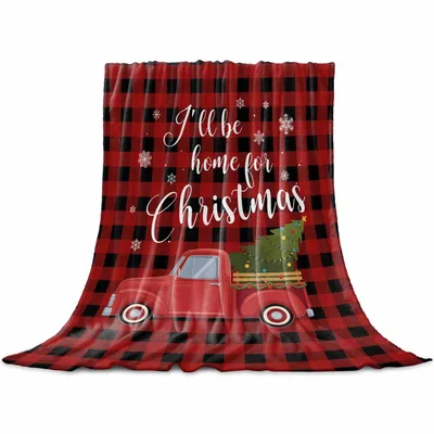 Home for Christmas Red Blanket with Vintage Truck and Plaid Design