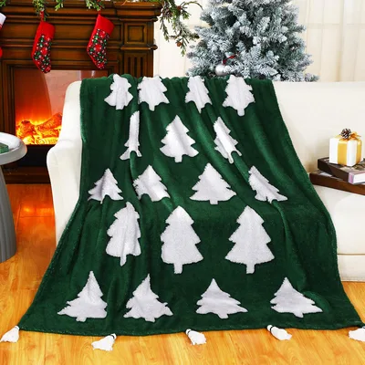 White Christmas Trees Blanket: Snowy Pine Pattern on Green