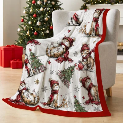 Red Cat Christmas Trees Blanket: Festive Feline Holiday Design