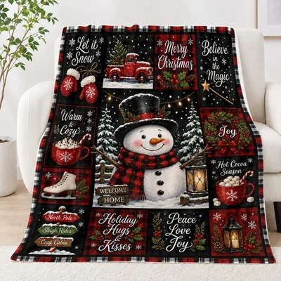 Snowman Christmas Words Patchwork Blanket for Festive Winter Comfort