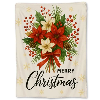 Merry Christmas Poinsettia Bouquet Blanket featuring red