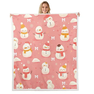 Christmas Snowmen with Bows Blanket: Festive Winter Friends on Pink