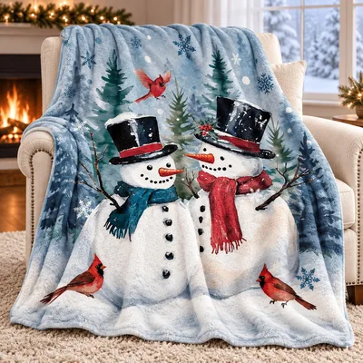 Snowmen with Red Cardinals Blanket: Festive Winter Pair