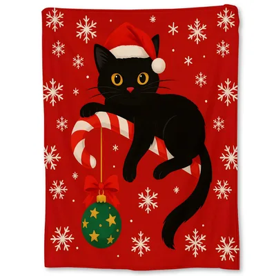 Christmas Black Cat Candy Blanket: Feline Holiday Cheer with Cane