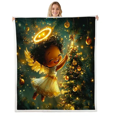 Angel Girl Under Christmas Blanket: Joyful Angel Decorating a Tree